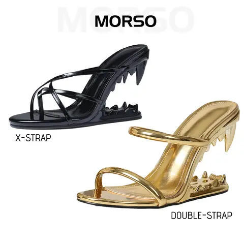 CYNLLIO Womens Morso Sandals Open Round Toe Wedge Heels Elegant Metallic Shark Teeth Heel Style Slip on Strappy Heeled Fashionable Tiger Teeth Flip Flops Thong Mule Hollow-Shaped Slide Sandal Dressy Party Clubbing  Catwalk Pumps  Fall