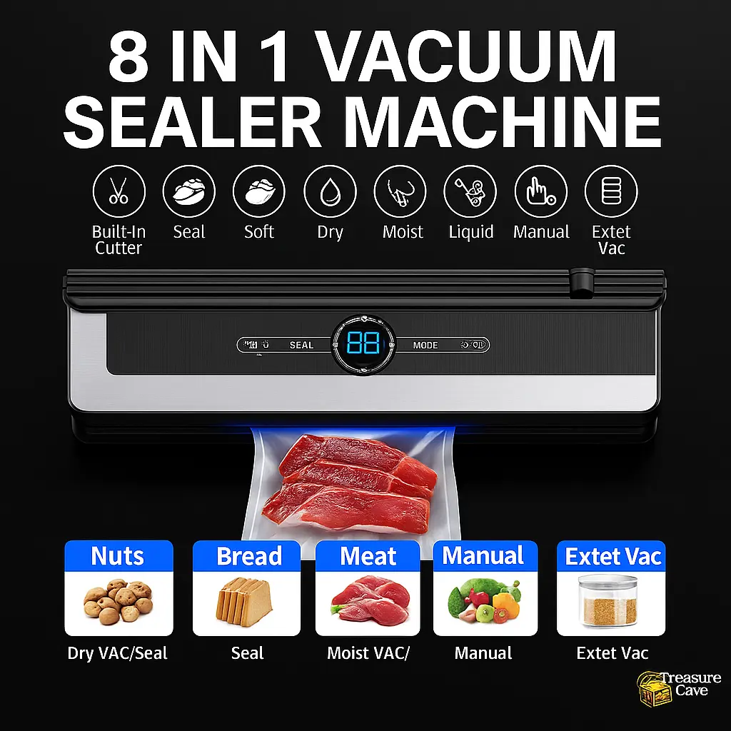 8-in-1 Vacuum Sealer Machine with Built-in Cutter, LED, Dry & Moist Modes + Bags