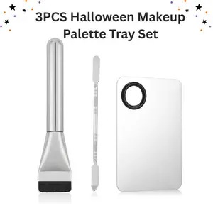 3PCS Halloween Makeup Palette Tray Set – Metal Foundation Mixing Palette, Cosmetic Spatula & Brushes Kit for Women & Girls | Professional Tools for Cream, Pigment & Face Makeup Blending