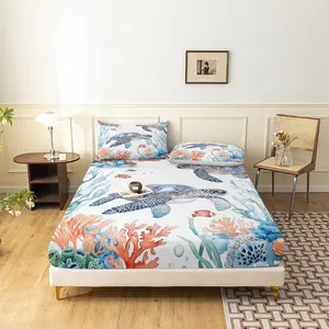 3Pcs Luxury Ocean Turtle Coral Reef Fitted Sheet Bedsheet Bedding Set Soft Comfortable Breathable For Bedroom Guest Room Dorm Decor With 2*Pillowcase