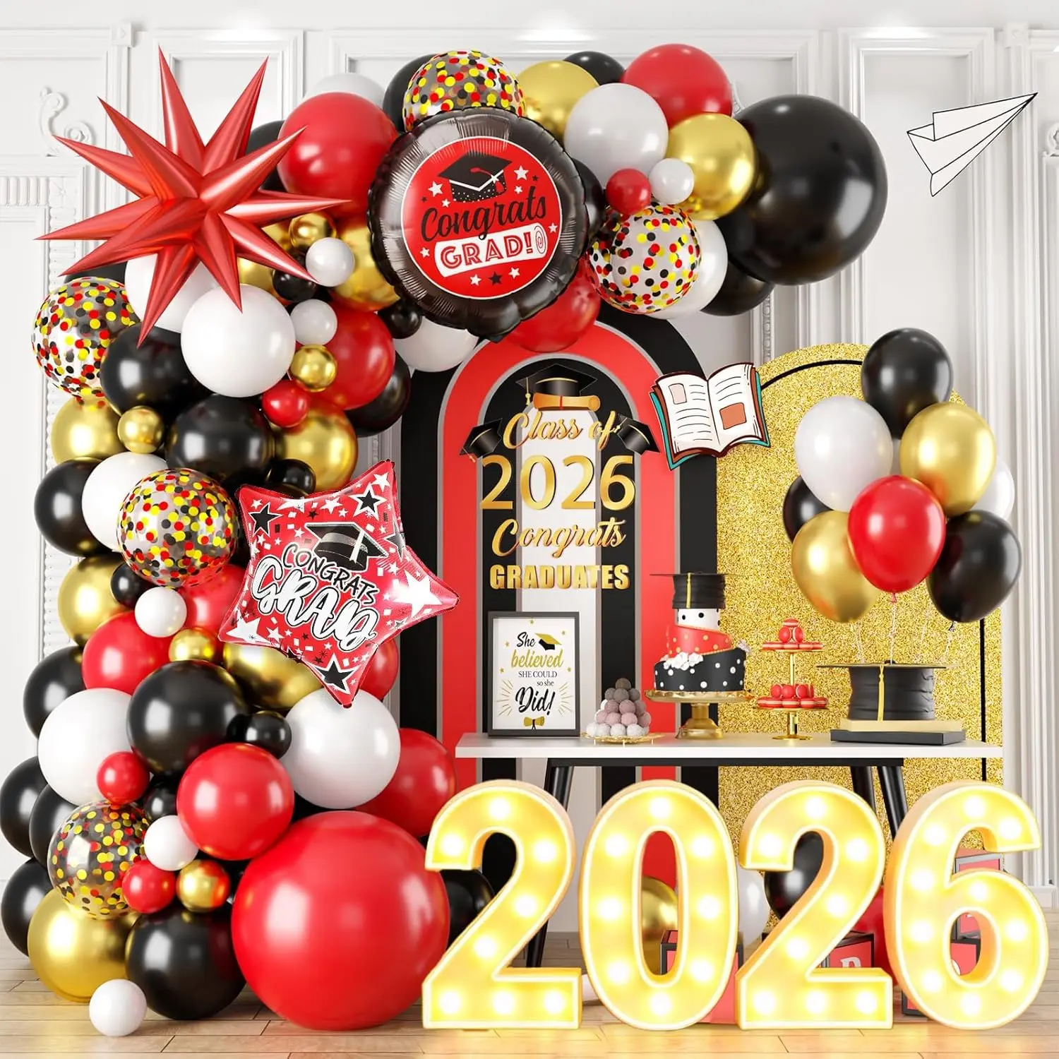 2026 Graduation Balloon Arch Kit Black Red Decor with Congrats Foil Balloons Party Set