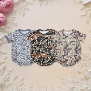 Baby Boy Clothes, Newborn Boys' Summer Short-Sleeve Camo Print Cotton Blend Bubble Romper, Fitted Cut, Cute Snap Closure, Playful Look