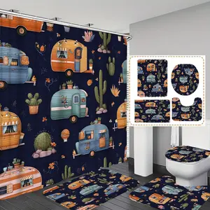Cactus Print Shower Curtain Set with Hooks, Non-Slip Bath Mat, U-Shaped Rug, Toilet Seat Cover, Bathroom Accessories, Home Decor