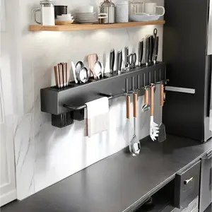 Multi-Functional Wall-Mounted Kitchen Organizer, Carbon Steel Knife Rack, No Drilling Installation, Space-Saving Storage