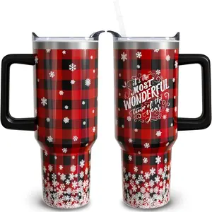 40 oz Christmas Tumblers with Handle and Straw, Buffalo Snowflakes 40oz Stainless Steel Vacuum Insulated Travel Coffee Mug Cup Water Bottle, Christmas Decor Stuff Accessories Gifts for Women