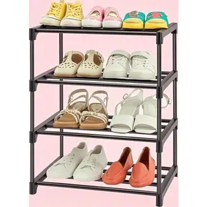 Compact Stackable Shoe Organizer, Lightweight Shoe Rack for 6-8 Pairs, Space-Saving Shoe Shelf for Small Spaces, Sturdy Shoe Storage for Closet, Black Stackable Shoe Rack for Kids