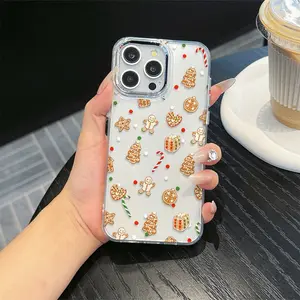 Metal Frame Transparent Christmas Gingerbread Man Holiday Tpu Shockproof Case for iPhone 6-16 Pro Max, Perfect Gift for Women & Teens