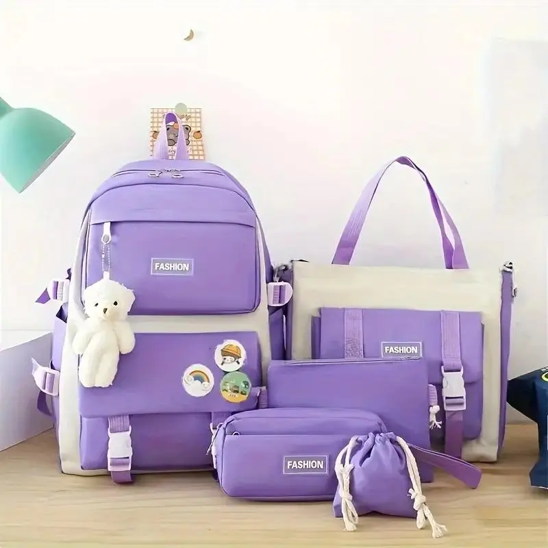 Kawaii School Bag Set, 5-Piece Blue Oxford Fabric, Includes Plush Bear, Fashion Badge, Coin Purse, Durable & Stylish Accessories, Bookbag