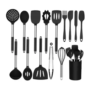 Kitchen Cooking Utensils Set, 15pcs/set Including Spatula, Turner, Slotted Spoon, Pasta Server, Soup Ladle, Whisk, Basting Brush, Cooking Tong & Holder, Cooking Tool Kitchen Supplies