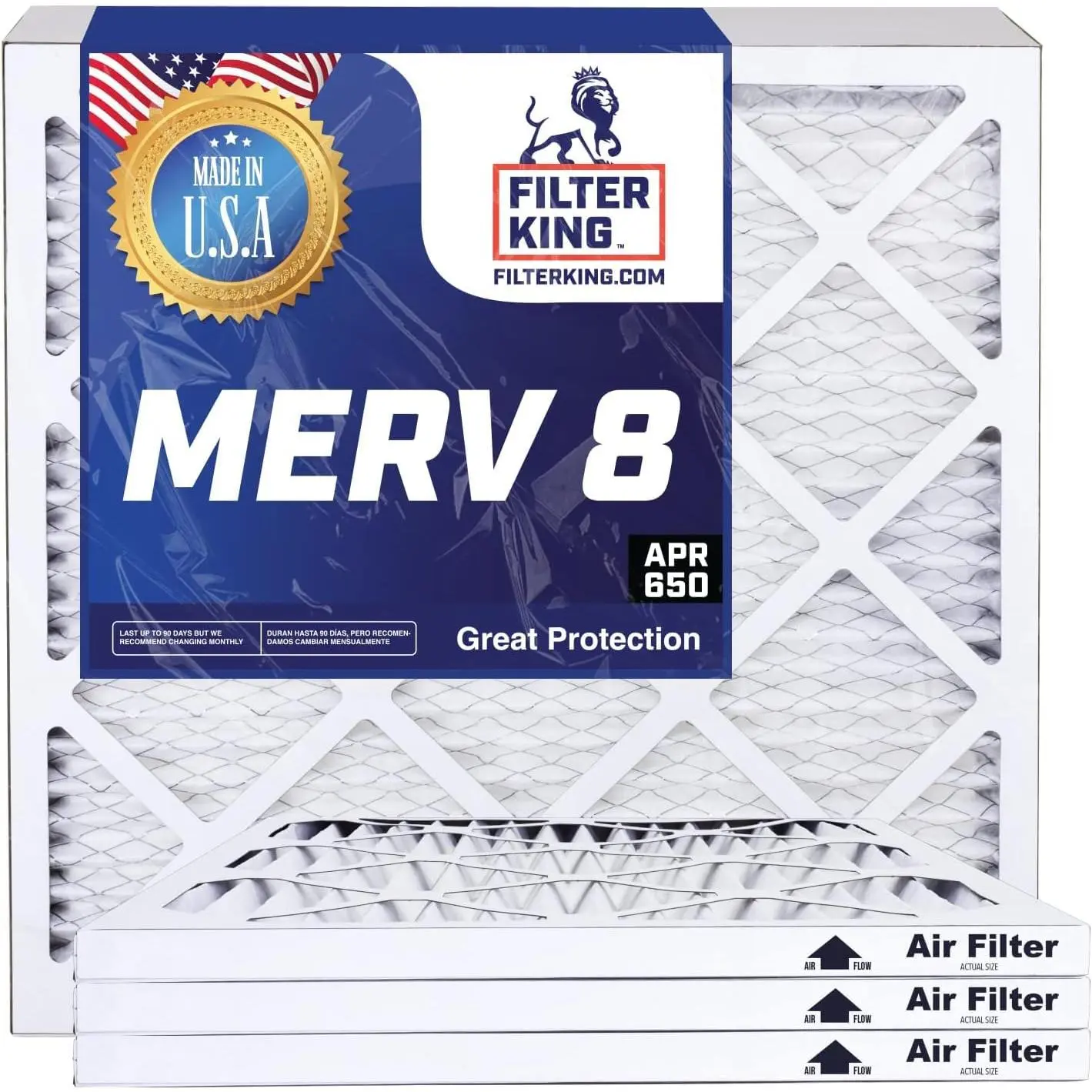 Filter King 8x24x1 Air Filter | 3-PACK | MERV 8 HVAC Pleated A/C Furnace Filters | MADE IN USA | Actual Size: 8 x 24 x .75"