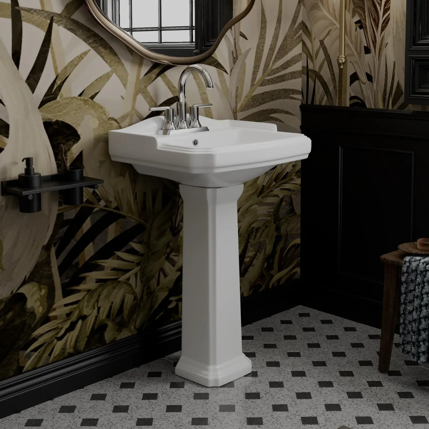 23" x 19" Vintage White Pedestal Sink, Ceramic Bathroom Pedestal Sink with Overflow, 3 Pre-Drilled Holes for 4-Inch Faucets, Easy Installation, Space-Saving Design, High-Quality Construction