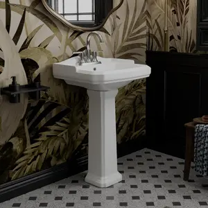 23" x 19" Vintage White Pedestal Sink, Ceramic Bathroom Pedestal Sink with Overflow, 3 Pre-Drilled Holes for 4-Inch Faucets, Easy Installation, Space-Saving Design, High-Quality Construction