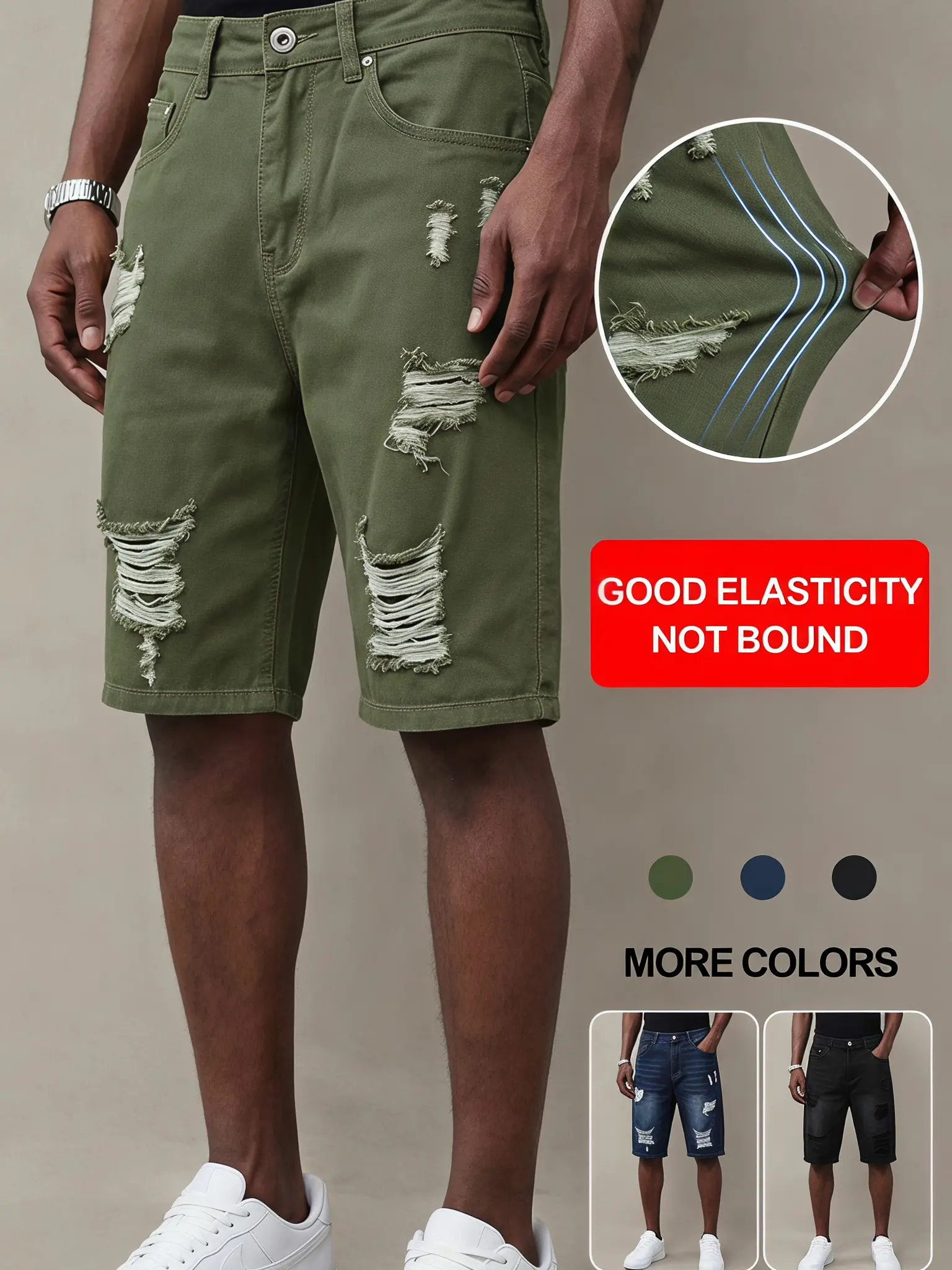 Men's Casual Shorts 3-Pack, Stretch Twill Fabric with Good Elasticity, Button Closure for Summer Walking (Black, Blue, Green), Buttons, Black + Blue+Green 34, Stretch Fit, Denim Blend, Knee Length, Dry Clean