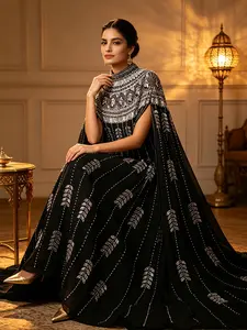 Women's Elegant Long Abaya Dress, Embroidered Gold Bead Details, Batwing Sleeve High Neck, Kaftan for Evening Events, Wedding, Luxury Party