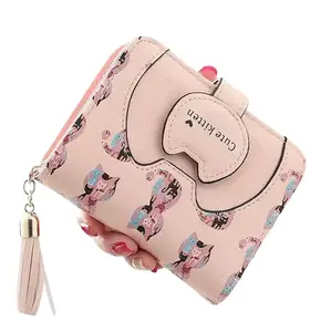 Zip Around Bifold Wallet with Hasp Kitty Leather Small Handbag Purse for Women (Pink)