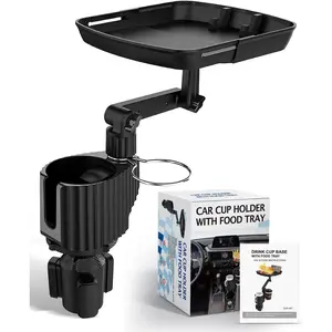 4-in-1 Car Cup Holder Expander Tray,Detachable Upgraded Food Tray Expandable Dual Cup with Phone Holder,360°Rotation Adjustable Base,Road Trip Essentials Accessories for Drinking and Eating