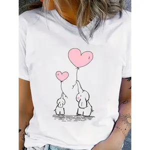 Love And Elephants Print T-Shirt, Casual Crew Neck Short Sleeve Top, Women'S Clothing