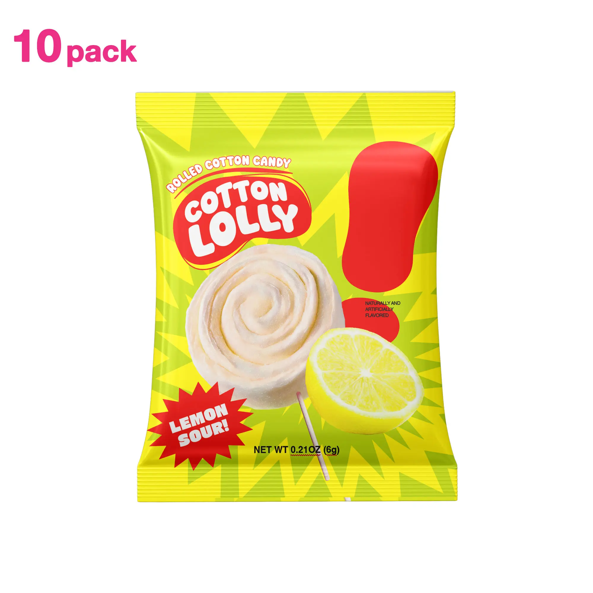 Cotton Lolly Rolled Cotton Candy Lemon Sour - Korea Sweet Snack with Tangy Flavor & Fluffy Texture 10 ct