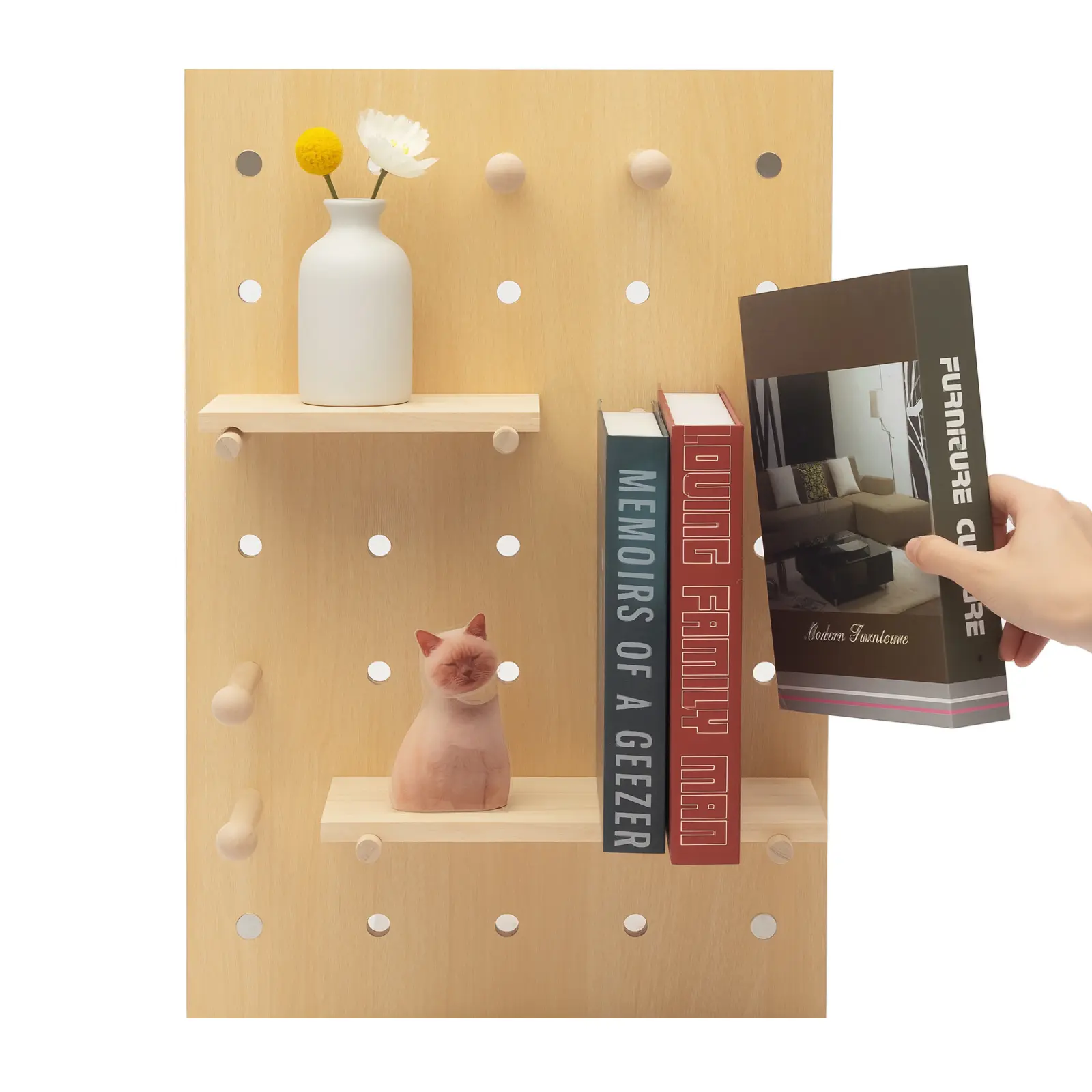 Natural Wood Rectangular Pegboard Combination Wall Organizer Kit with 22 lbs Load Capacity, Modular Display Panel with Layer Boards & Hooks, DIY Hanging Storage System for Office Supplies, Decor, Tools, Crafts, 60x40 cm Main Board for Home Office