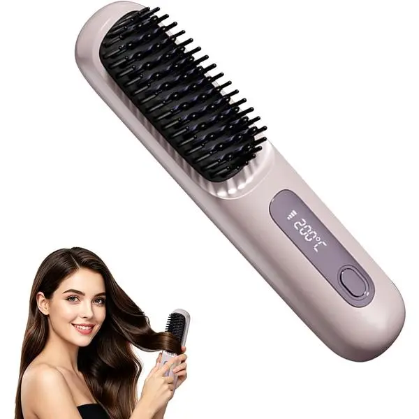 Cordless Hair Straightening Brush, Mini 30s Fast Heat USB-C for Travel | Portable hair straightener with 4 temp settings (160°C–200°C), ionic ceramic care & anti-scald shell — fits makeup bags.