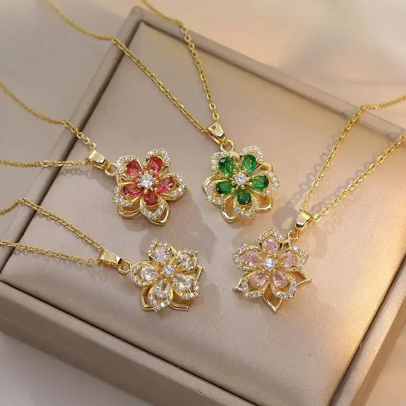 Luxury Gold Flower Necklace Green Emerald Zircon Pendant  for Women Gift jewelry waterproof twist chain