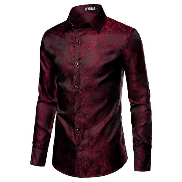 ZEROYAA Men's Paisley Jacquard Slim Fit Long Sleeve Button Up Dress Shirt for Party Prom