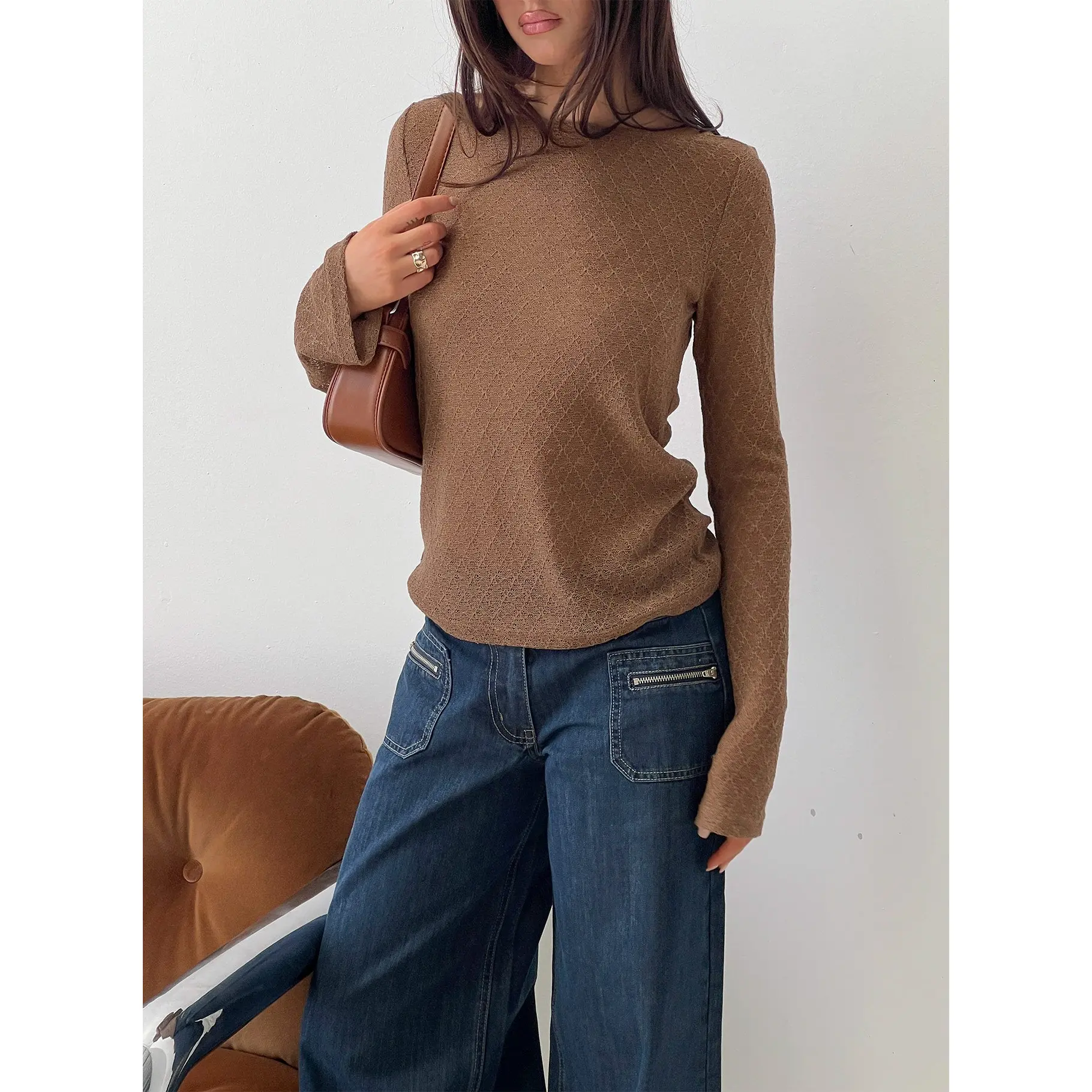 Tuppence Textured Long Sleeve Top Brown