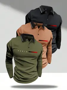 3-Pack Men's Spring & Fall Thin Paris Letter Print Long Sleeve Buttoned Polo Shirt Fashionable Vacation Casual Sports Outing Turn-Down Collar Business-Lightweight Work Golf Fishing Camping Gift for Boyfriend or Husband Holiday Wear Menswear Set Stylish Sp
