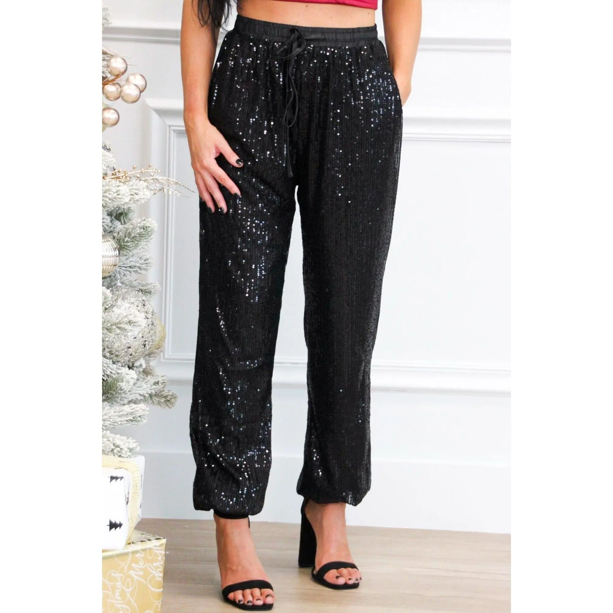 Holiday Cheer Sequin Joggers: Black