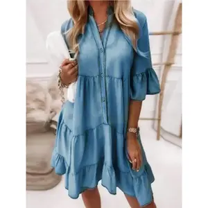 Women's denim casual V-neck pleated short sleeved summer denim dress shipped from the United StatesRAIMENTRY