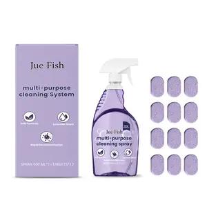 Jue Fish Multi-Purpose Cleaning System 500ml Spray + 12 Tablets Safe Formula Lavender Scent Rapid Decontamination for Kitchen & Bathroom