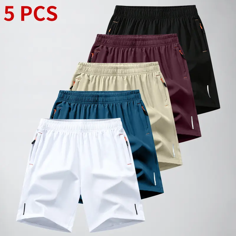 Men's 5-Pack Minimalist Fitted Shorts - Breathable Soft Stretch Skin-Friendly Fabric, Drawstring Elastic Closure, Multiple Pockets, Casual Athletic Outdoor Use