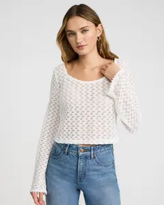 Express Crochet Scoop Neck Long Sleeve Top