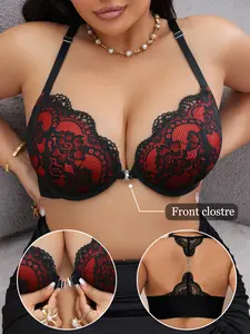 Plus Size Women's Underwear Comfortable Medium Front Buckle Lace Embroidery Backless Pattern Full Coverage Steel Ring Push Up Sexy Aesthetic Bra Suitable for All Seasons