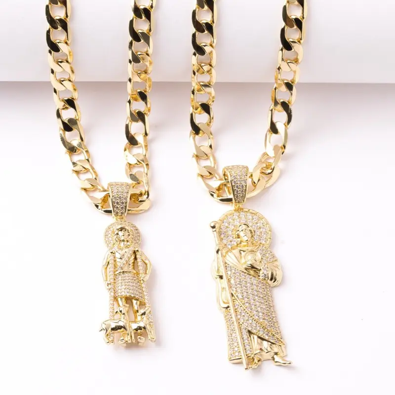 14K Gold Plated Saint Jude & Saint Lazarus Pendant Necklace Chain - 1 Piece, Alloy Base, Metal Coating, 1-Size, Fits 8mm Cuban Chain