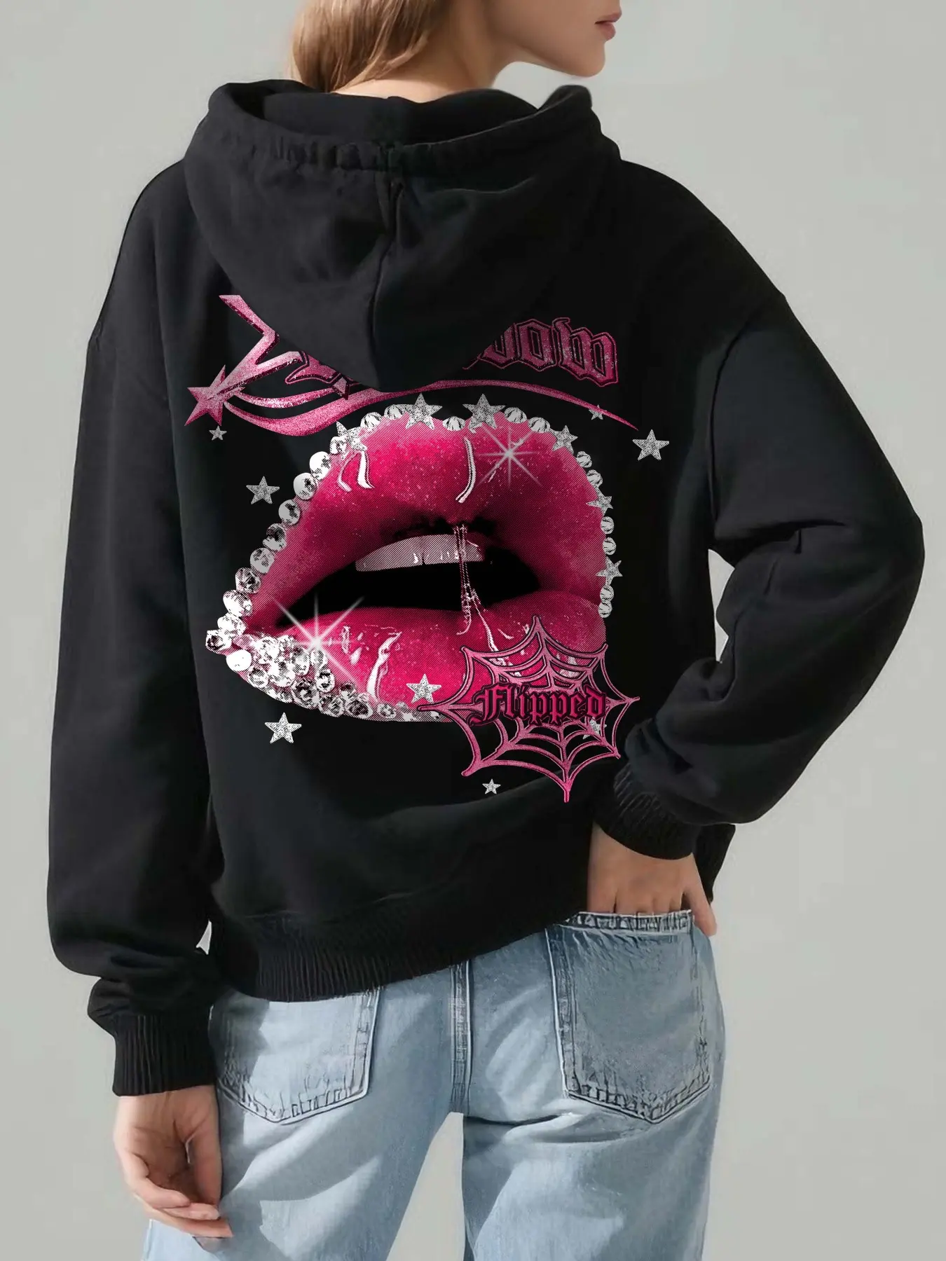 Women's Lip Hoodie Sweatshirt, Diamond Print Pullover, Fleece Lined, Fall Winter Fashion, Sexy Lips Graphic, Streetwear Style