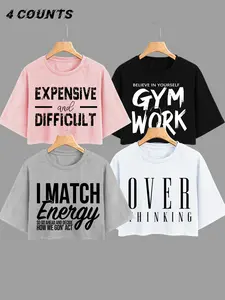 Women's Letter Print Round Neck Crop Tee, Casual Short Sleeve Crew Neck T-shirt for Summer, Fashion Women's Lady Top for Daily Wear, Clothing, Cropped Graphic Tee, Womenswear
