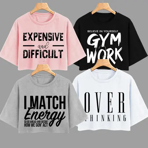 Women's Letter Print Round Neck Casual Loose Crop Tee, Casual Letter Pattern, Casual Short Sleeve Crew Neck T-shirt for Summer, Fashion Women's Lady Top for Daily Wear, Clothing, Casual Tops, Cropped Graphic Tee, Womenswear