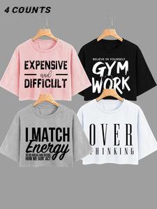 women's letter print round neck crop tee, casual short sleeve crew neck t-shirt for summer, fashion women's top for daily wear, clothing, cropped graphic tee, womenswear