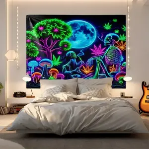 Psychedelic Neon Moon and Skeletons Tapestry, Durable Decorative Tapestry, Vibrant Digital Print Wall Hanging Tapestry, Trippy Colorful Wall Decor with Glowing Marijuana Leaves and Mushrooms, Perfect for Bedroom, Living Room, Wall Tapestry Home Decor