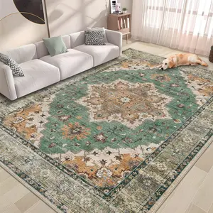 Area Rug Vintage Rug: Washable Indoor Medallion Rugs Low Pile Distressed Floor Carpet Retro Accent Rug for Living Room Bedroom Kitchen Dining Table Home Office