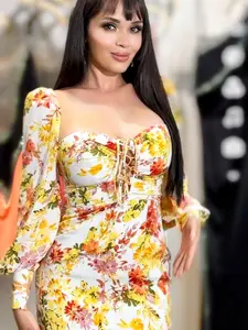 Casual Womenswear Woven Floral Print Tie-Front Mini Dress with Long Sleeves Spring Comfortable