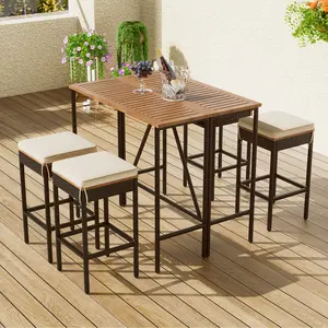 5-Piece Acacia Wood Outdoor Bar Height Table & 4 Stools Set, Foldable Top, PE Rattan, Cushioned Seats, All-Weather Patio Furniture, Space-Saving Bistro Set for Backyard Balcony Poolside