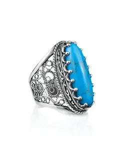 Filigree Art Turquoise Gemstone Women Silver Long Statement Ring