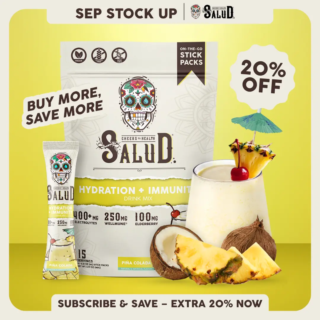 Salud 2-in-1 [Hydration + Immunity - Piña Colada] Electrolytes Powder, Agua Fresca Drink Mix, Elderberry, Dairy & Soy Free, Non-GMO, Gluten Free, Vegan, Low Calorie, 1g Sugar (15 Servings)