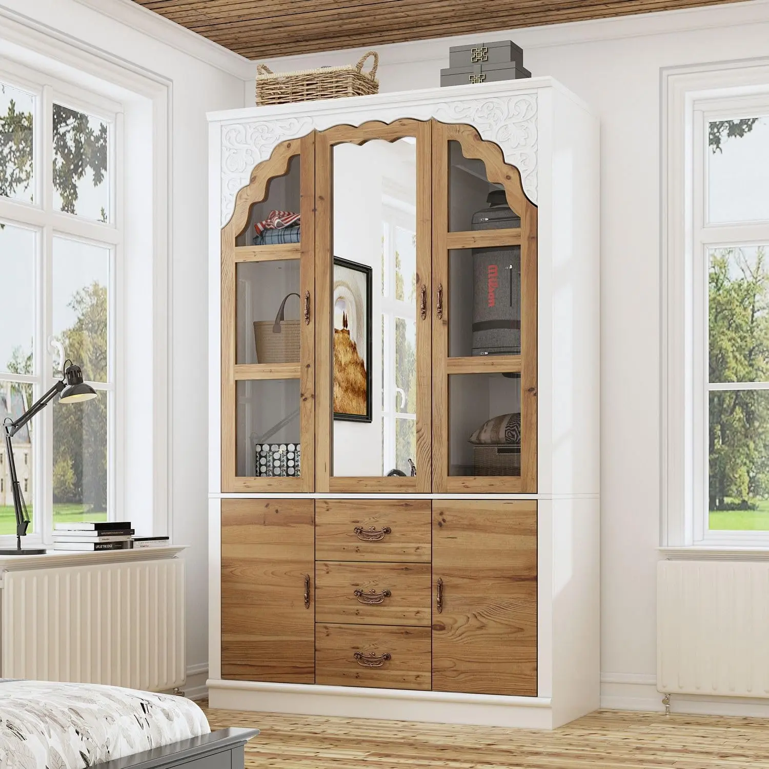 FUFU&GAGA Farmhouse Aesthetic Interior Aged Vintage Wardrobe - 3 Doors with Mirror, 3 Drawers, 2 Storage Cabinets, Shelves, Hanging Rod, White & Oak Furniture (45.7”W x 20.3”D x 75.7”H) Clothes Organizer, Organization