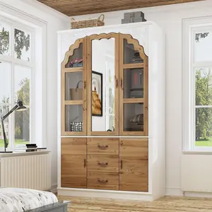 FUFU&GAGA  Farmhouse 3 Door Wardrobe with Mirror & 3 Drawers, Armoire Wardrobe Closet with Shelves & 2 Storage Cabinets, Hanging Rod, Art Decor Armoire Closet White and Oak (45.7”W x 20.3”D x 75.7”H) Furniture Organization Aesthetic Clothes