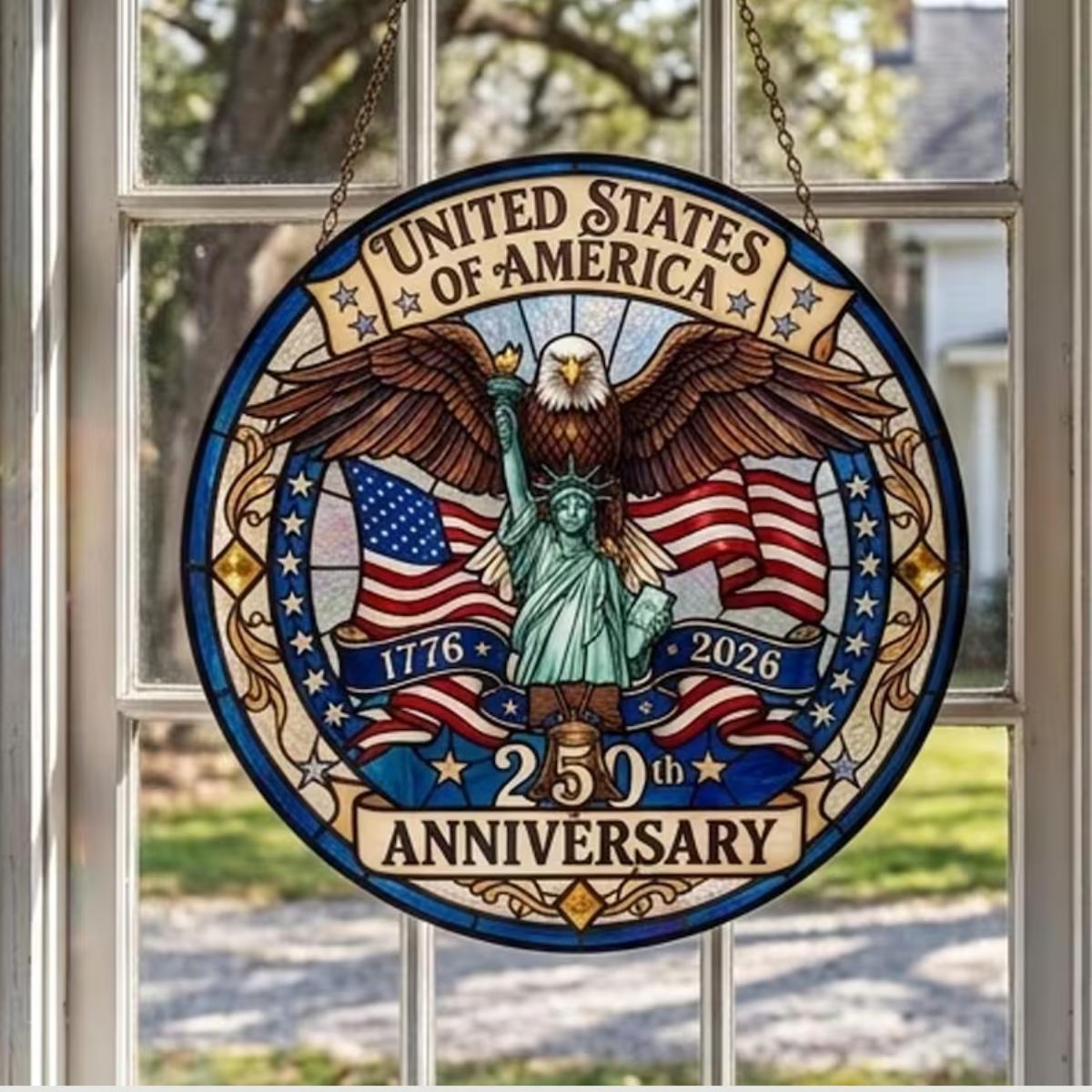 USA 250th Anniversary Stained Acrylic Suncatcher, Patriotic Eagle Window Hanging, Veteran Tribute Gift