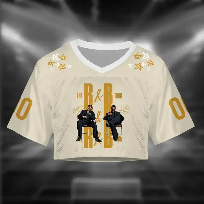 RnB Tour Beige Cream Mesh V-Neck Crop Top, Gold Graphic Short Sleeve Football Jersey Shirt, Hip Hop Concert Outfits Streetwear Women