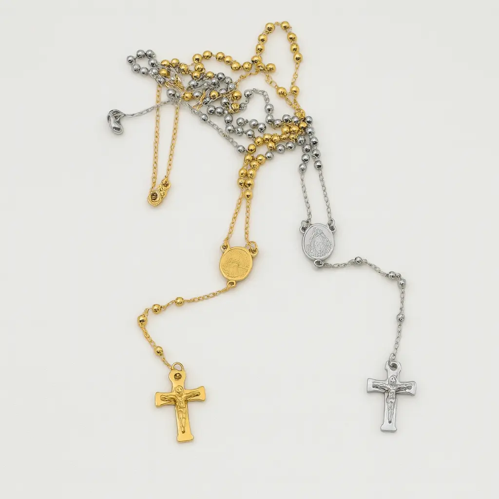 FWJ Unisex Virgin Mary Rosary Necklace, Elegant Gold-Plated Stainless Steel Spiritual Jewelry, 20-Inch Long Chain with 3mm Beads, Religious, Non-Tarnish Chain, Natural Steel, Chain Jewelry Necklaces